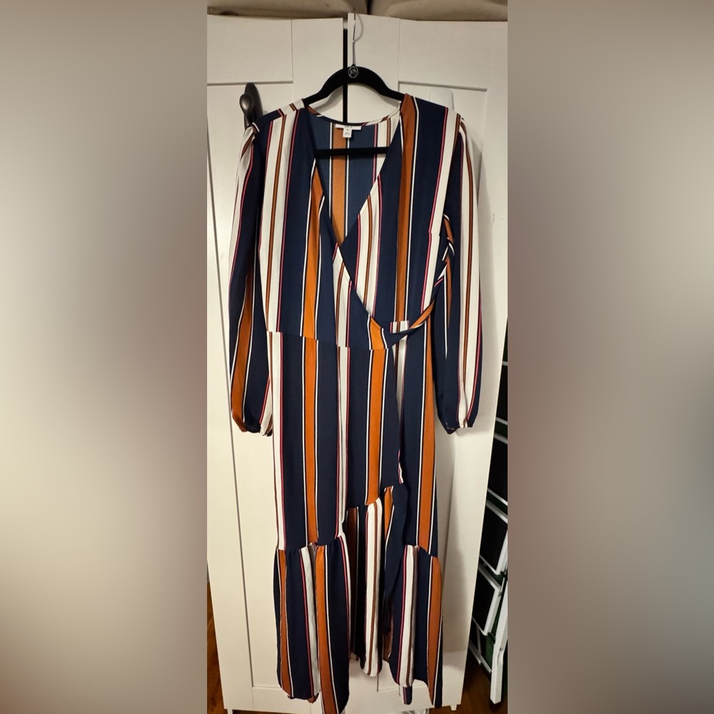 Bar III Striped Long Sleeve Wrap Tea-Length Dress